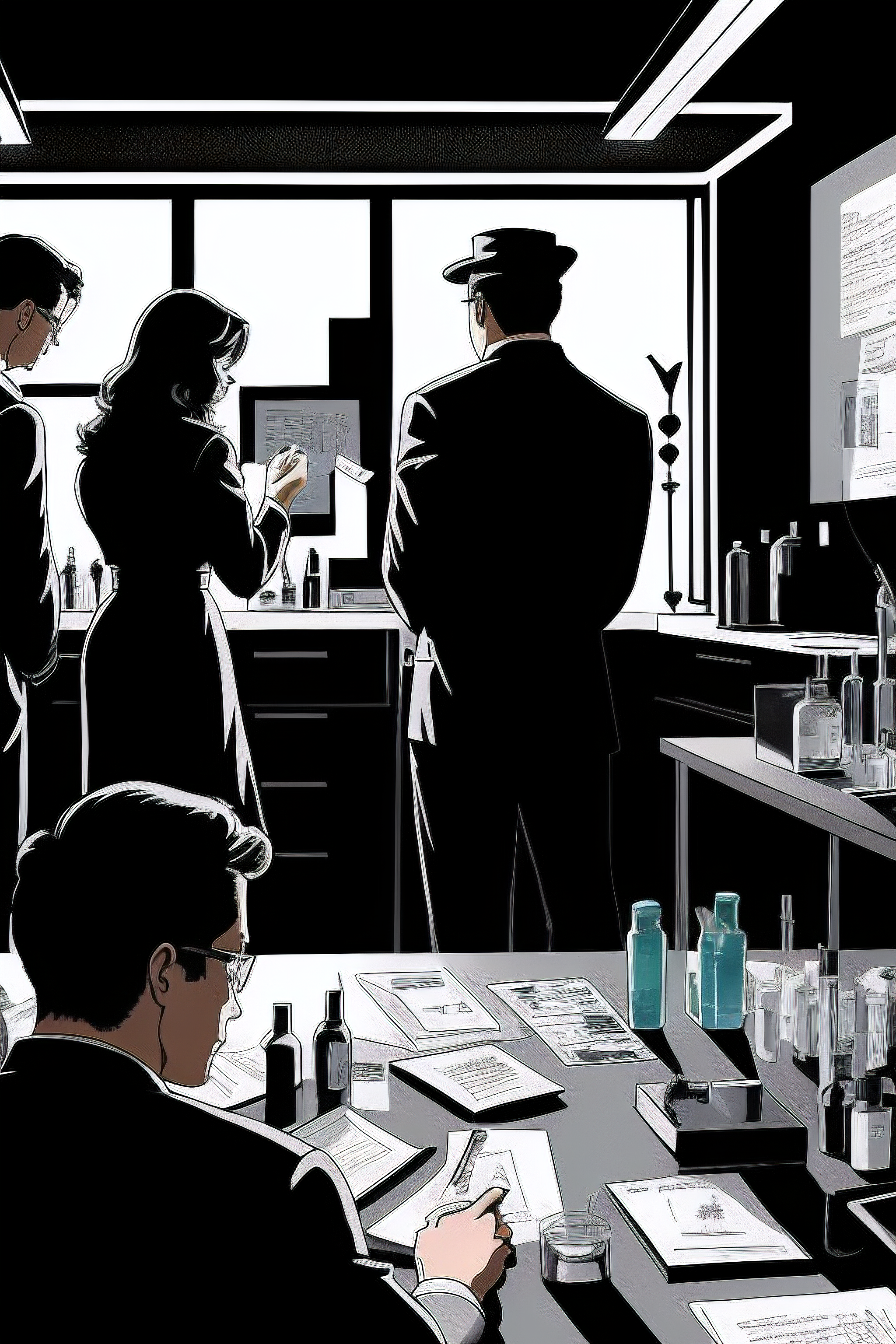 A team of investigators analyzes an unknown DNA sample in a dark and gritty laboratory setting. Rendered in a noir-inspired style with bold, dramatic lines and deep shadows.